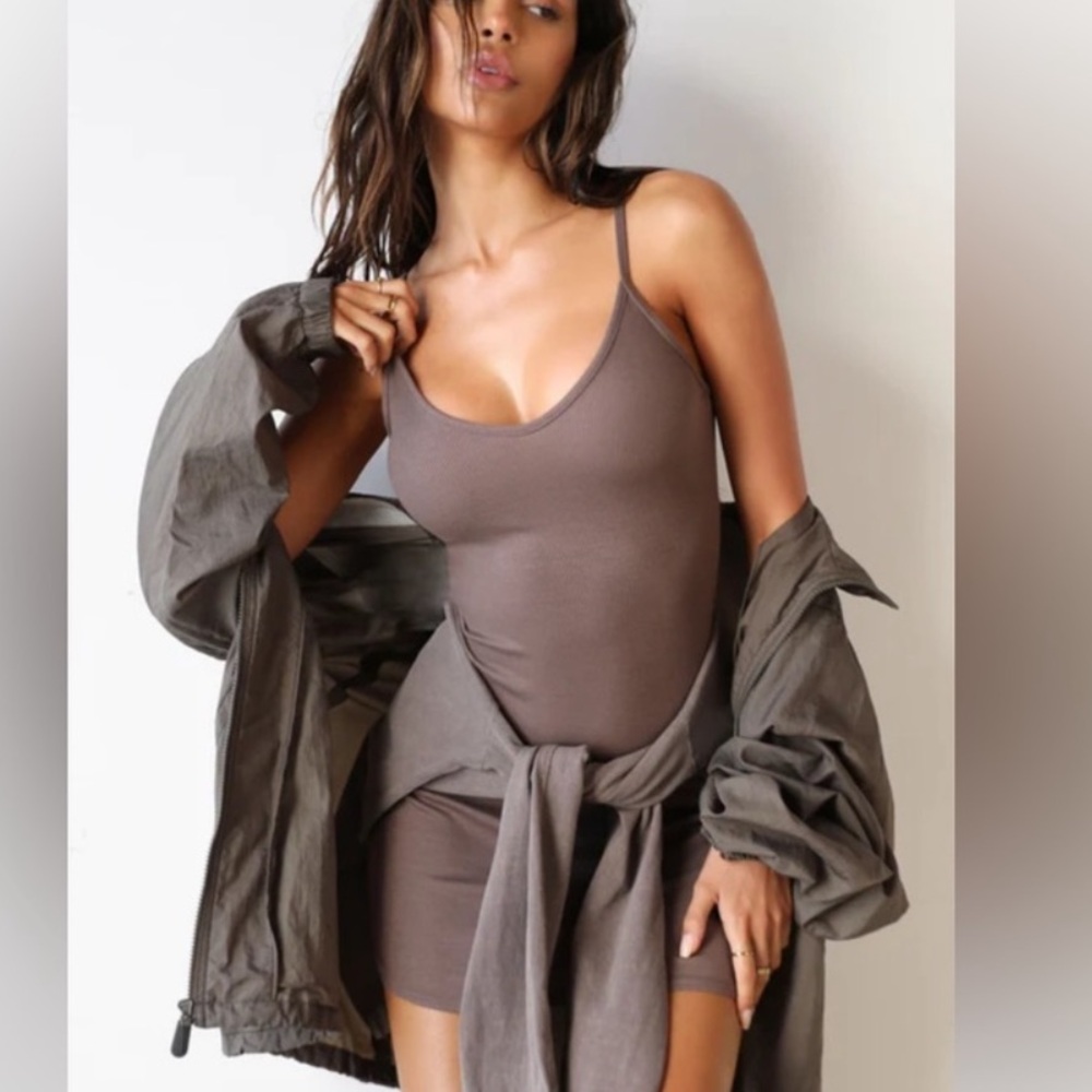 Joah Brown Ribbed Spaghetti Strap Mini Dress - Brown - Picture 4 of 9